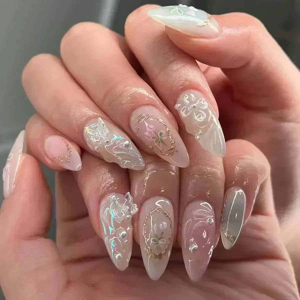 24 pieces of pink almond fake nail butterfly ballet designed in France wearable fake nailsW241125