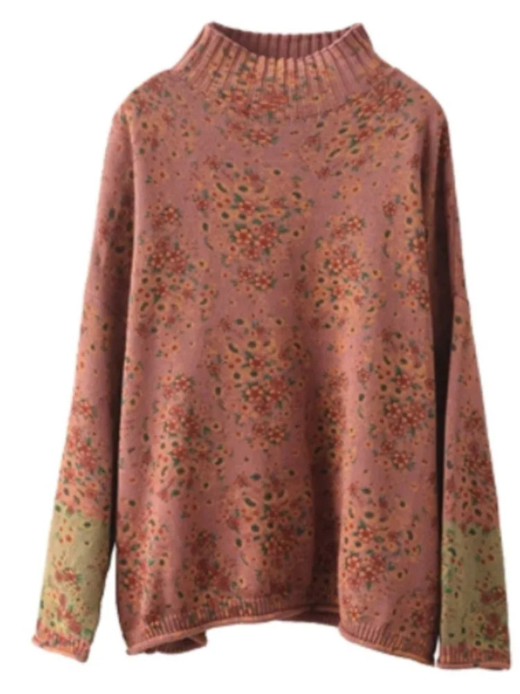 Johnature Women Pullover Sweaters Mock Neck Long Sleeve Patchwork Print Floral Spring Knitted Cotton 241122