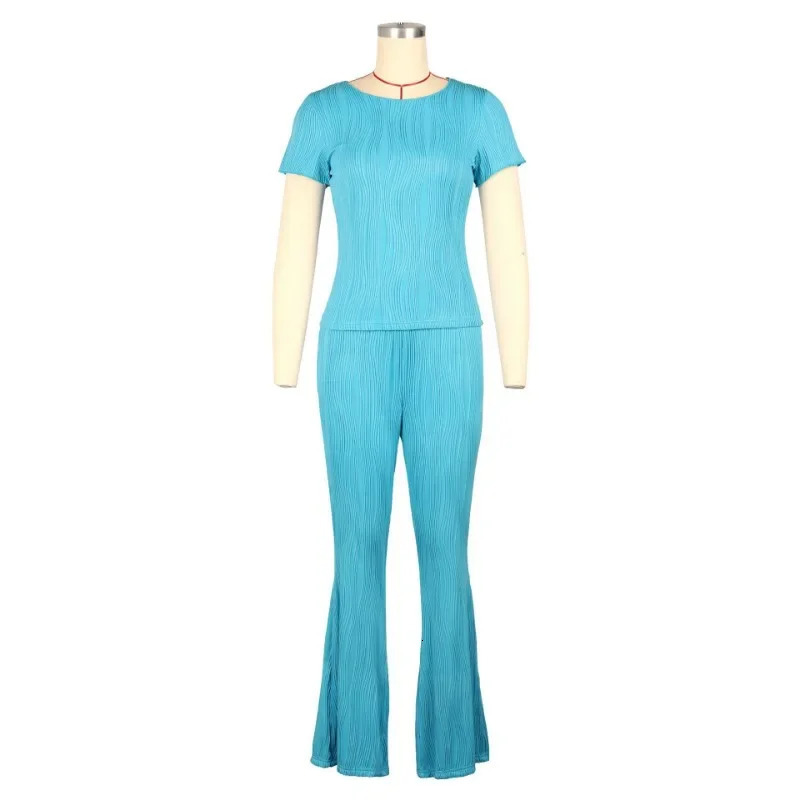 Women Solid Summer Ribbed 2 Piece Set Casual Tracksuits Short Sleeve Tshirts Tops Slim Flare Pants Fashion Outfit Suits 240423