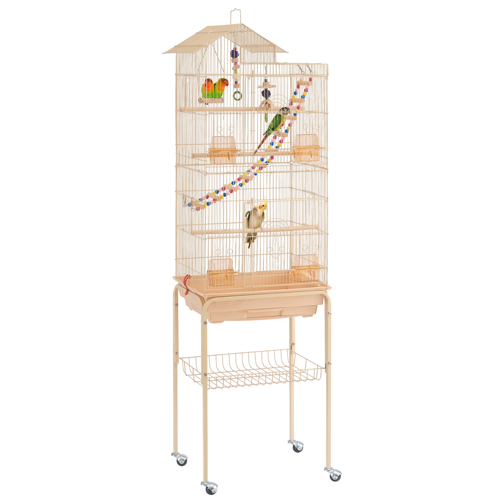 Topeakmart Almond Metal Bird Cage with Ladder Toy and Rolling Detachable Stand, 62.4" H