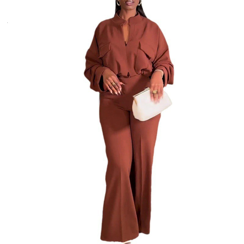 Large Size Women's Clothing Spring New Casual V-Neck Sleeved Top Wide Leg Long Pants Set