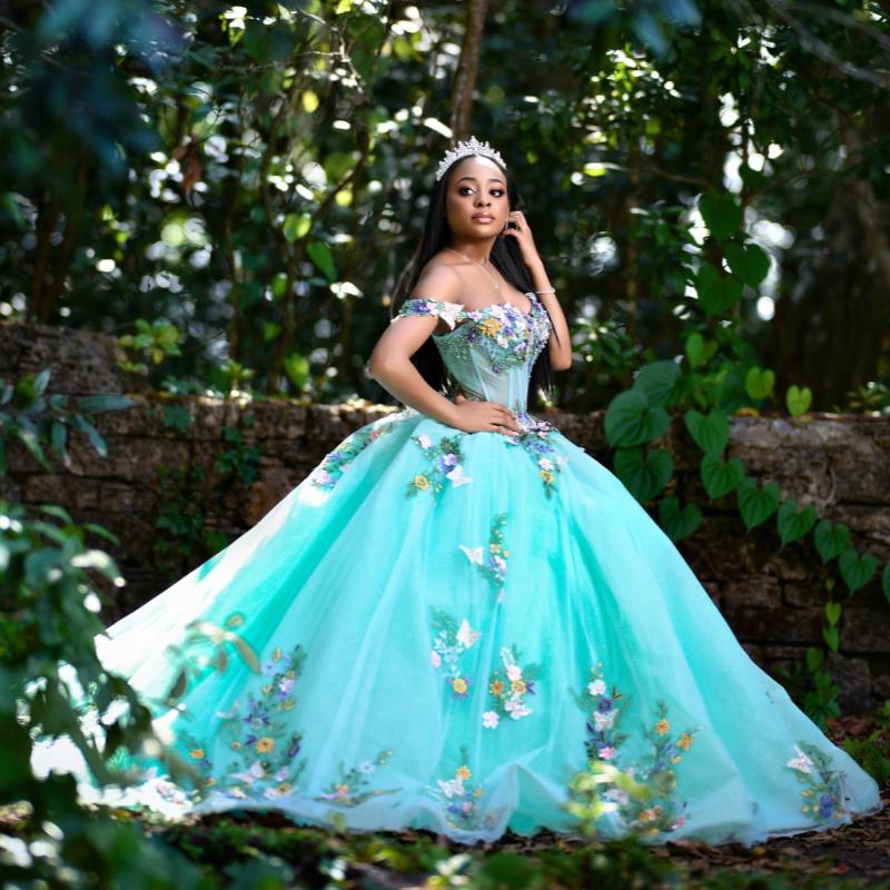Mint Green Shiny Quinceanera Dresses Ball Gown Off The Shoulder Flowers Appliques Beading Ruffles Bow Sweet 16 Vestidos De 15 Anos