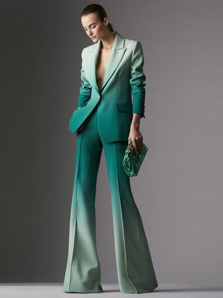 HIGH QUALITY est Fashion ner Suit Set Womens Single Button Blazer Gradient Color Printed Flare Pants 2pcs 241121