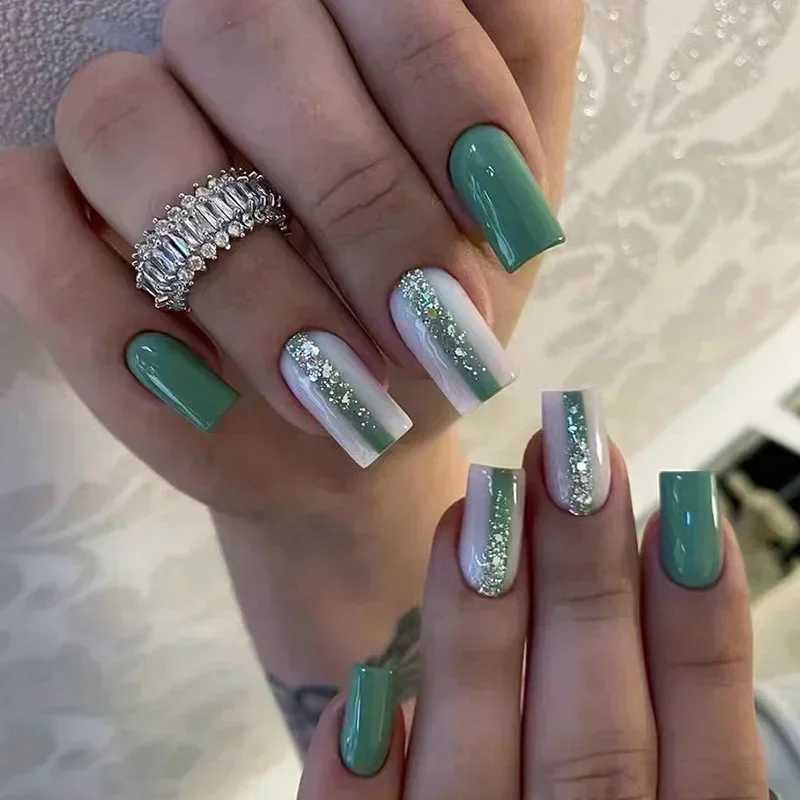 24pcs Simple Gradient Fake Nail French Sparkle Ballet with rhinestones wearable fake nails full set of nail tip pressing artW241125