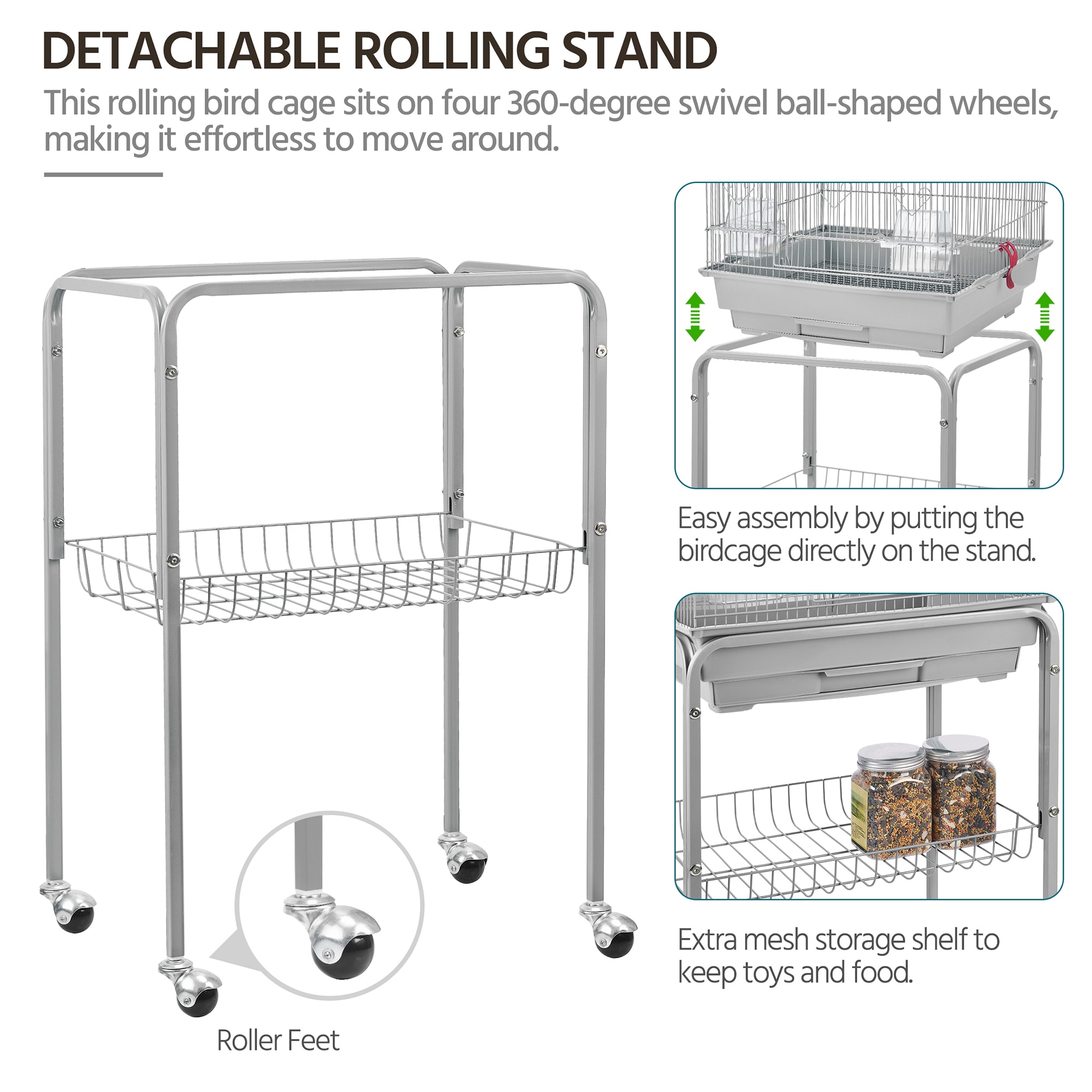Topeakmart Light Gray Metal Bird Cage with Ladder Toy and Rolling Detachable Stand, 62.4" H