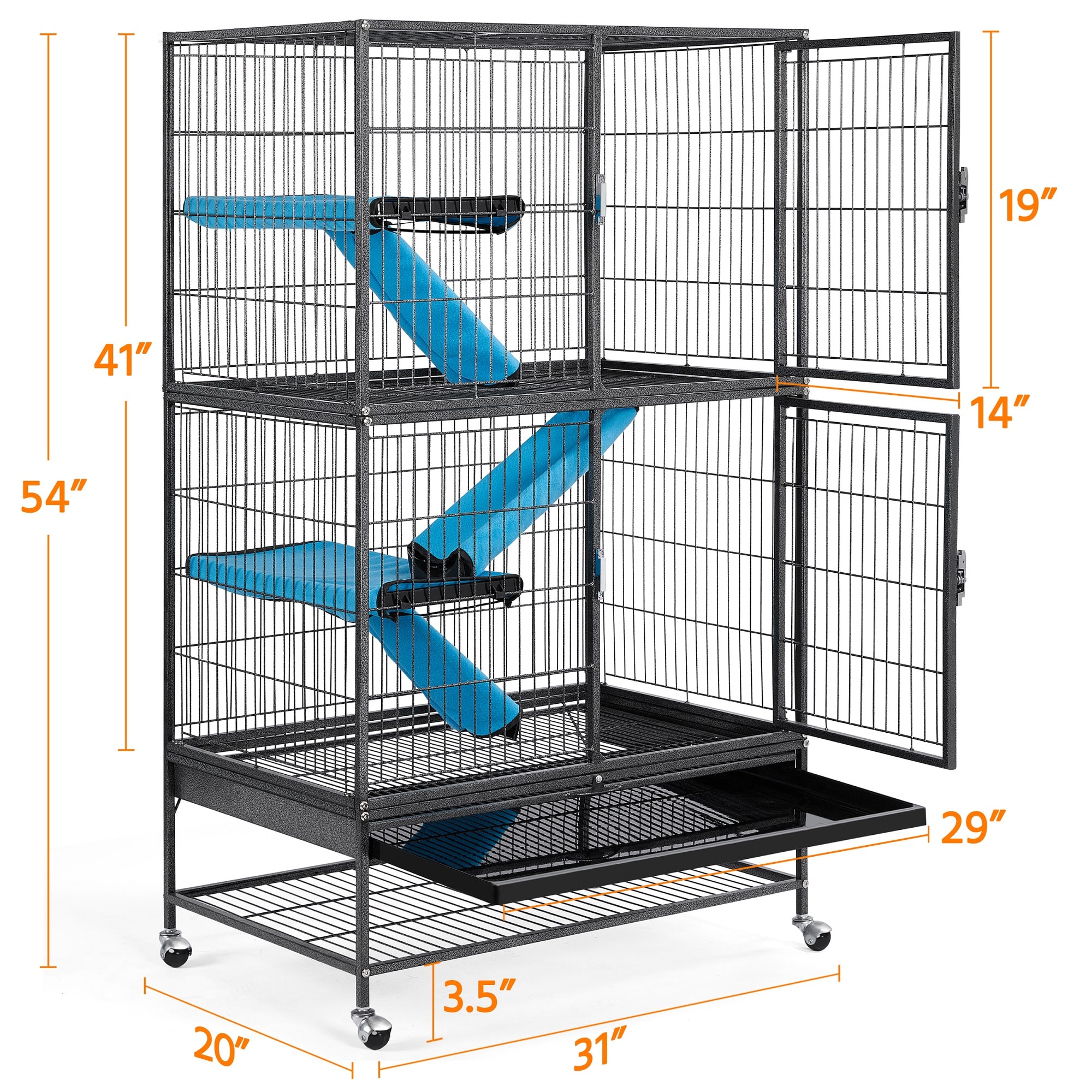 Topeakmart Hammered Black Rolling Metal Small Animal Cage with Removable Ramp, 31" L X 20" W X 54" H