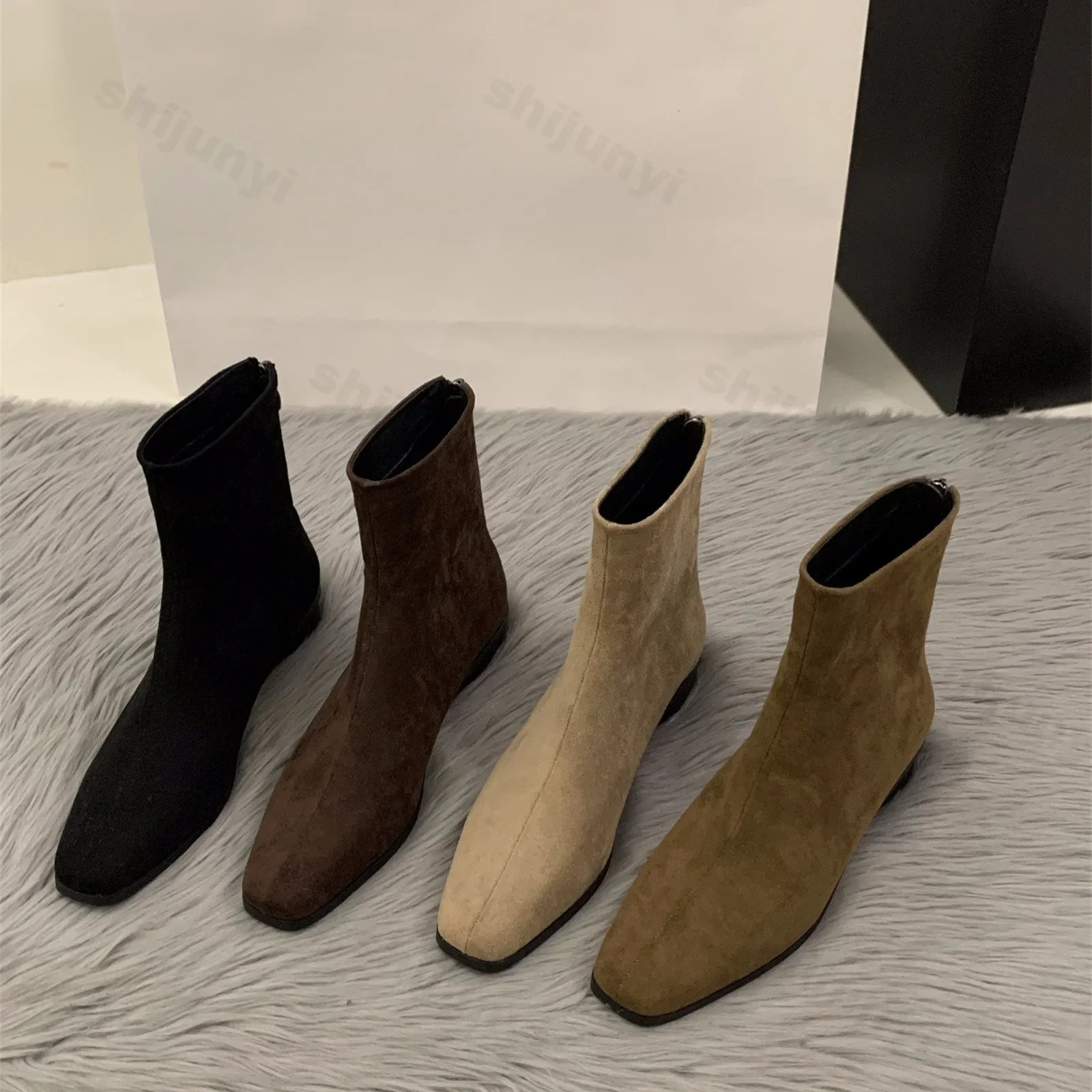 Fashion Women Ankle Boots Winter Suede Leather High Heels Spring Autumn Suede Pointed Shoes Block Mid Heels Booties 241125