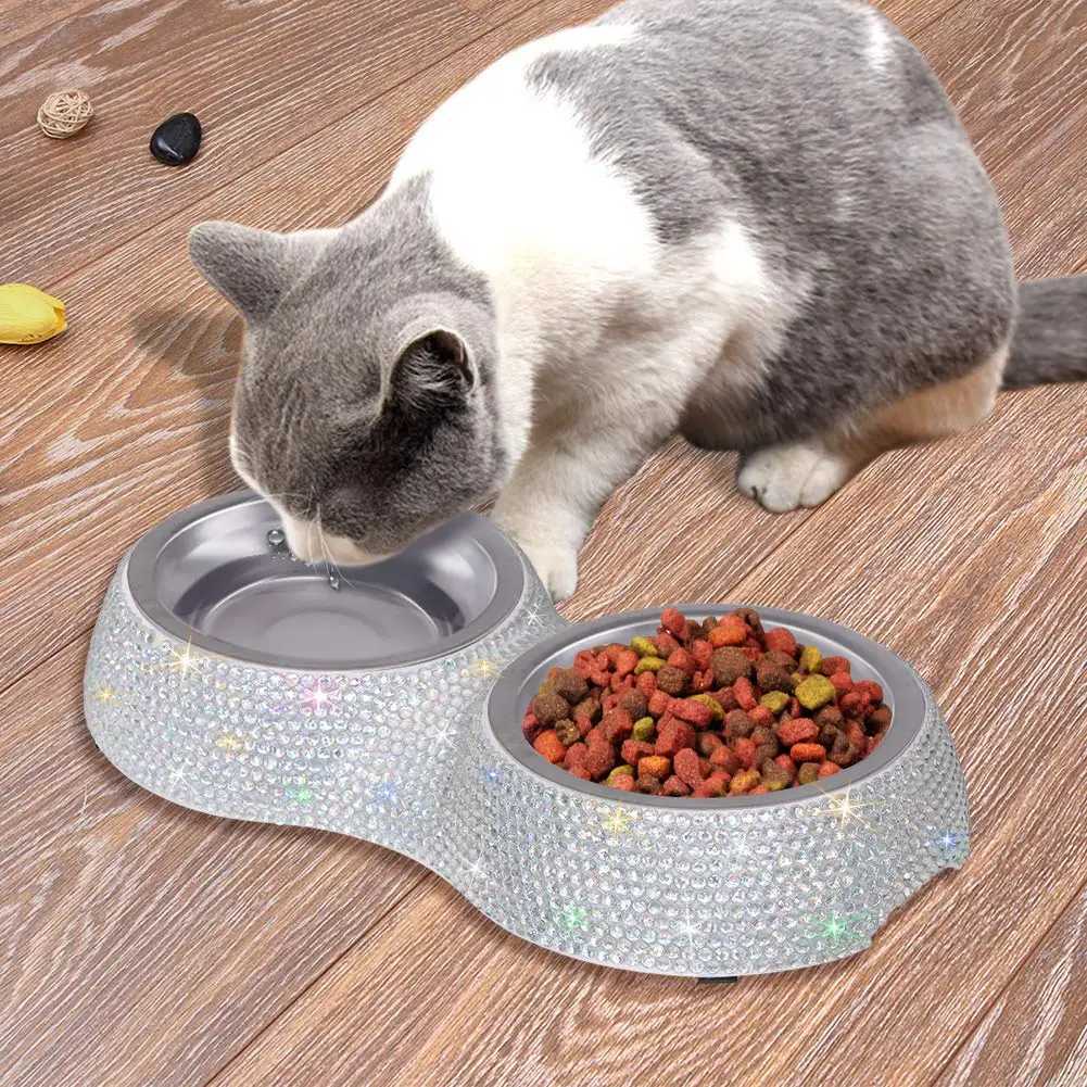 Bling Diamond Stainless Steel Double Dog Bowl Pet Drinking Bowl Luxury Rhinestone Cat Feeding Pet Products Cat BowlsXJ241125