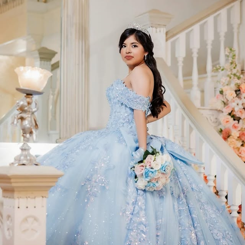 Sky Blue Quinceanera Dresses Off The Shoulder Lace Appliques Bow Beads Corset Party Birthday Vestidos De 15 Anos Sweet 16 Dress