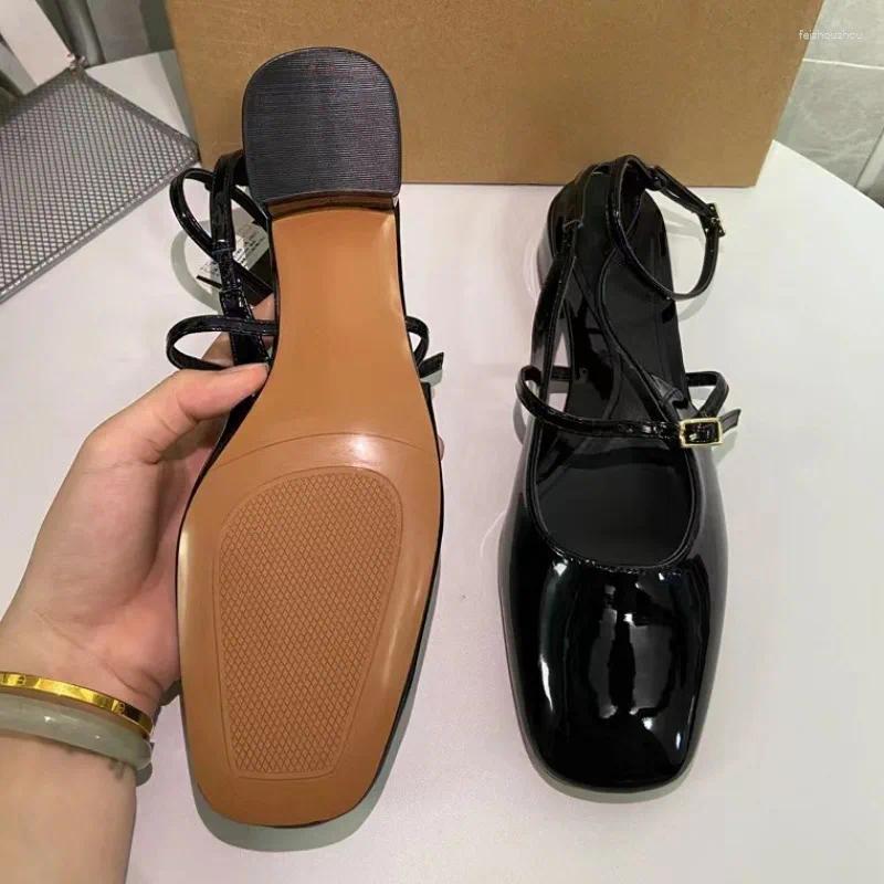 Sandals Elegant Office Shoes For Women Black Leather Square Toe Chic Outdoor Casual Sgbacks Ankle Strap Summer Lady Heeled