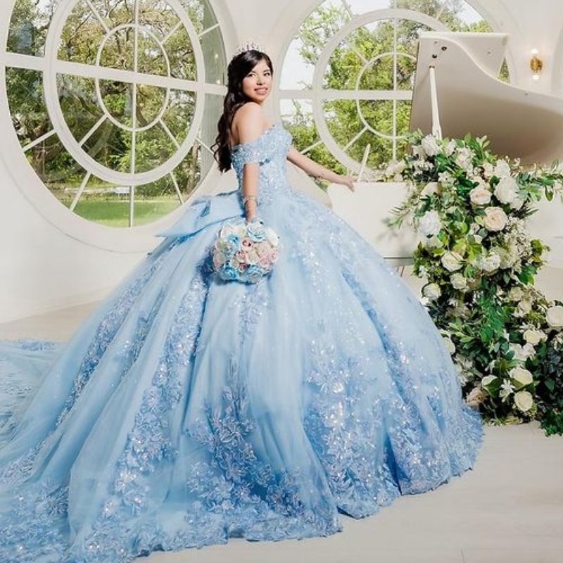 Sky Blue Quinceanera Dresses Off The Shoulder Lace Appliques Bow Beads Corset Party Birthday Vestidos De 15 Anos Sweet 16 Dress