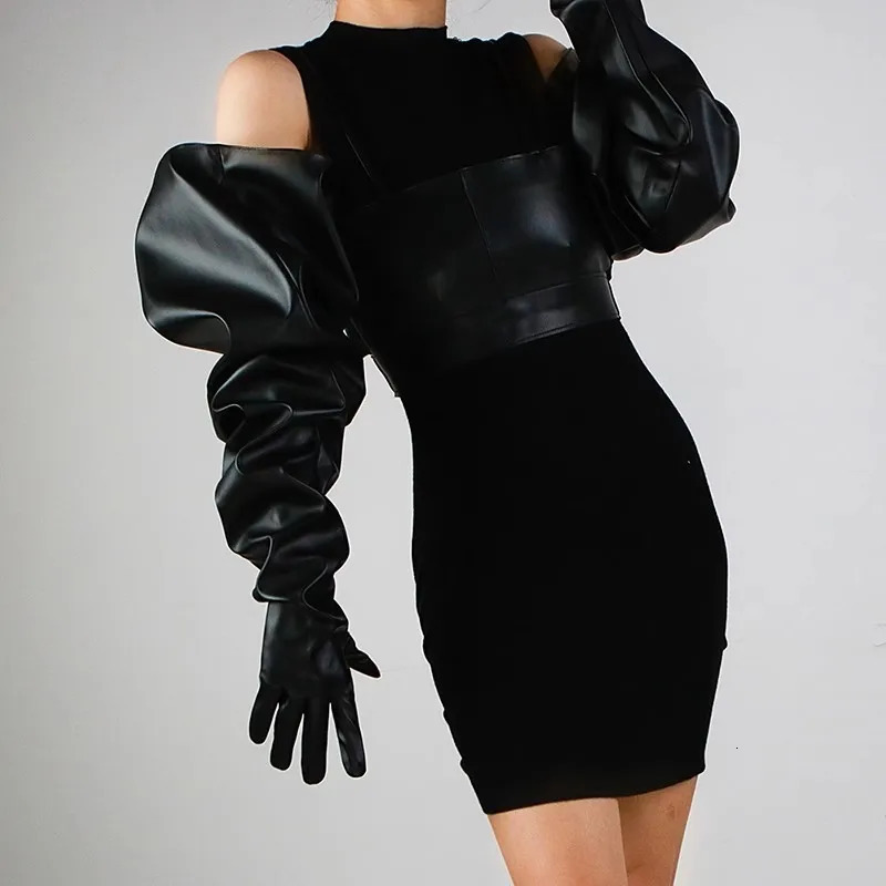 Womens Fashion Wide Sleeve PU Leather Glove Female Spring Autumn Winter Driving Pograph Performance Party Glove 85cm R1270 241125
