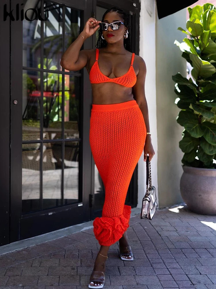 kliou Summer Women Knitted Two Piece Set Solid Sheer Sexy Cleavage CamisoleHigh Waist Stacked Slim Hip Skirts Female Attirewear 240423