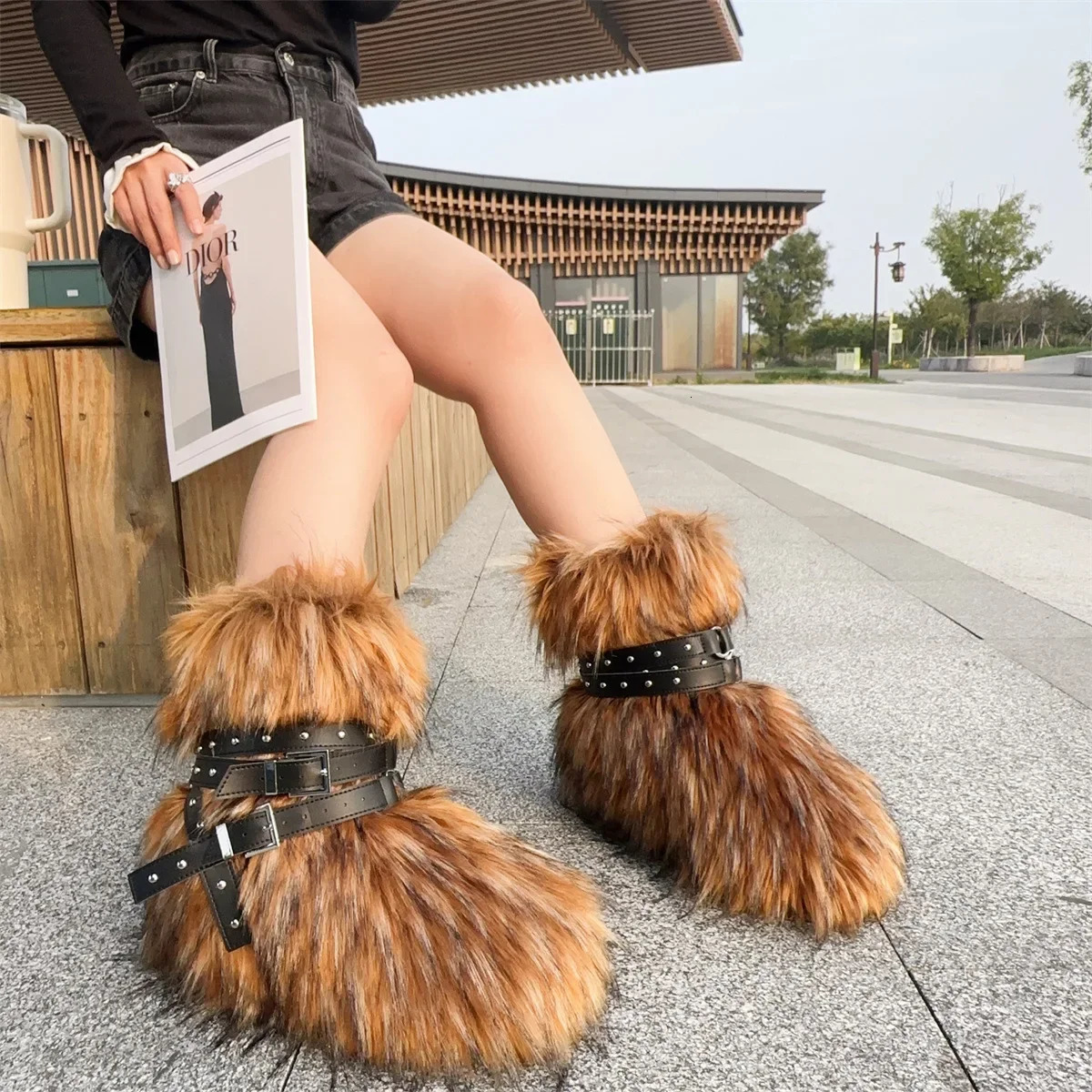 Winter Fur Onepiece Raccoon FurFemale Snow Boots Fur shoes OutdoorMid Leg Boots y2k Cool Pink 241125