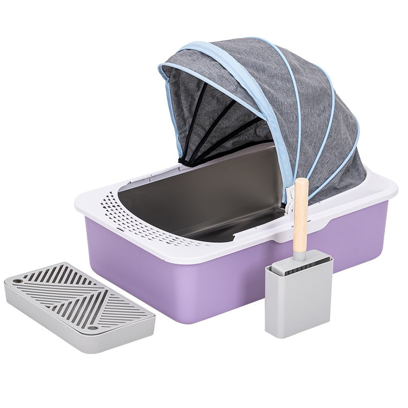 2024 New Eco-Friendly Semi Enclosed Pet Supplies Factory With Lid Sliding Scoop Portable Stainless Steel Cat Litter Box