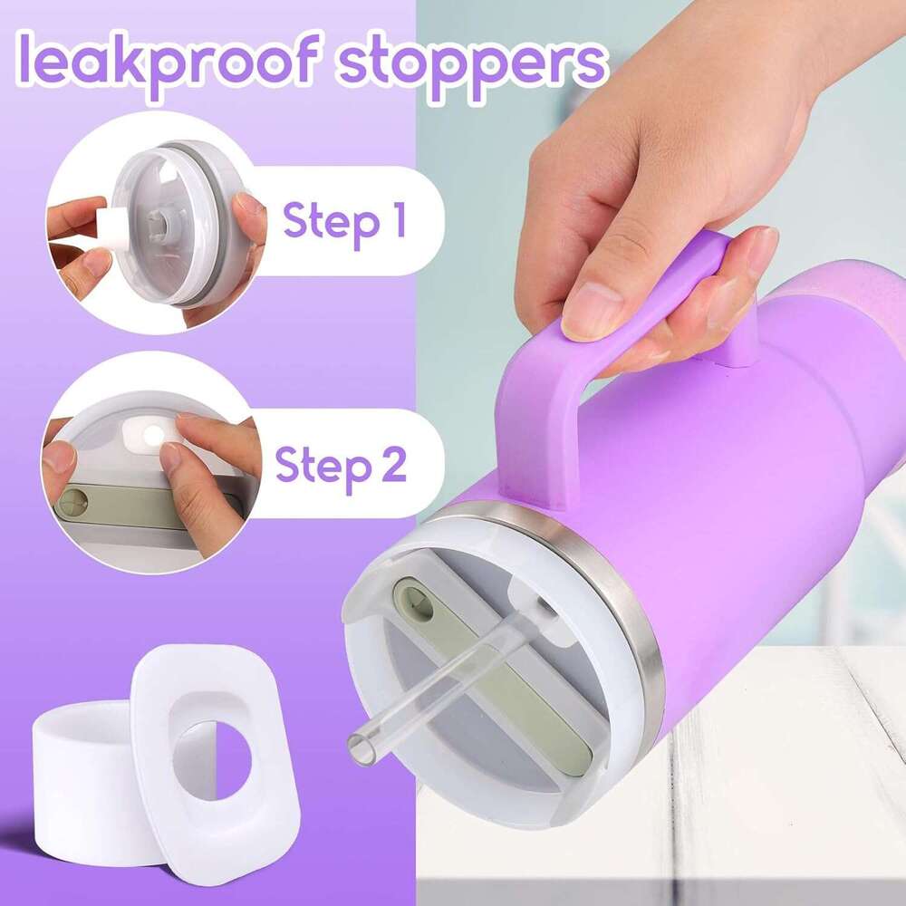 Purple 6-Piece Silicone Stanley Cup Accessories with Butterfly Glitter Letter Charms, Cup Sleeve, Letter Decals, and Straw Cap