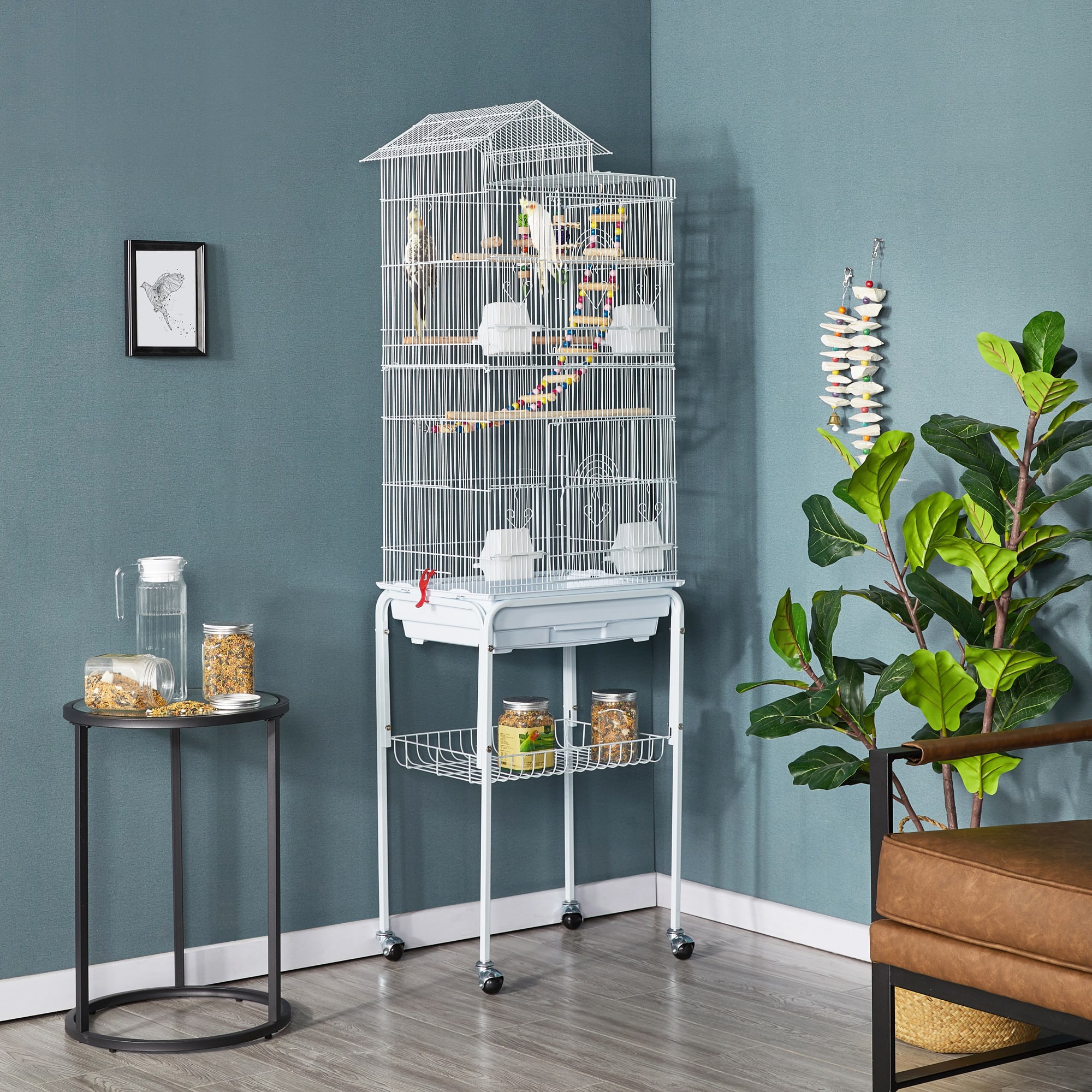 Topeakmart White Metal Bird Cage with Ladder Toy and Rolling Detachable Stand, 62.4" H