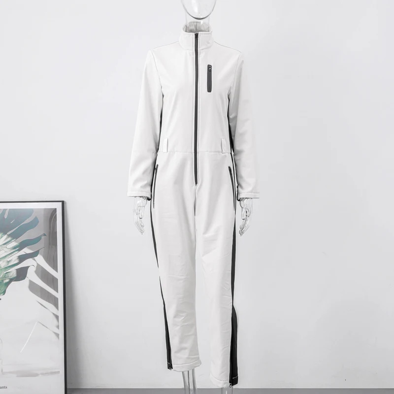 Fashion Patchwork Jumpsuit For Women Winter Slim Long Sleeve Waterproof Zipper Skiing Suit Female Casual High Waist Snow Sets 241121