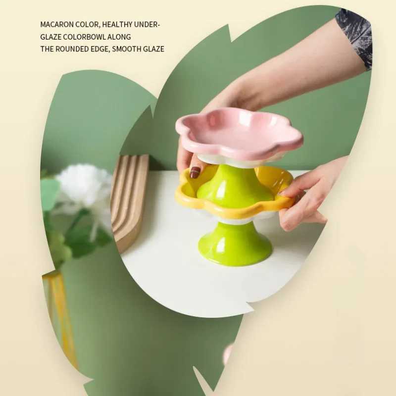 Ceramic Raised Cat Bowl with Flower Design Elevated Neck Protection Ergonomic Durable Cutlery for Food Water Cute Dog BowlXJ241125