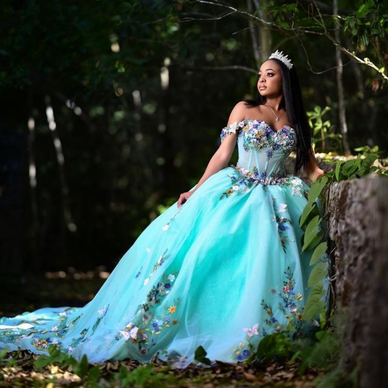 Mint Green Shiny Quinceanera Dresses Ball Gown Off The Shoulder Flowers Appliques Beading Ruffles Bow Sweet 16 Vestidos De 15 Anos