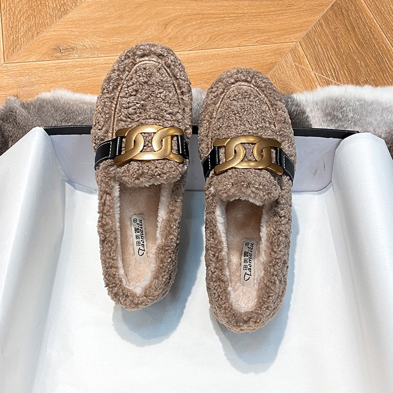 2023 Flats Brand Chain c72fa Women Wool Fur Winter Cotton Loafers Big Size 34-43 Warm Plush Mocasines Mink Hair Boat Shoes Femme