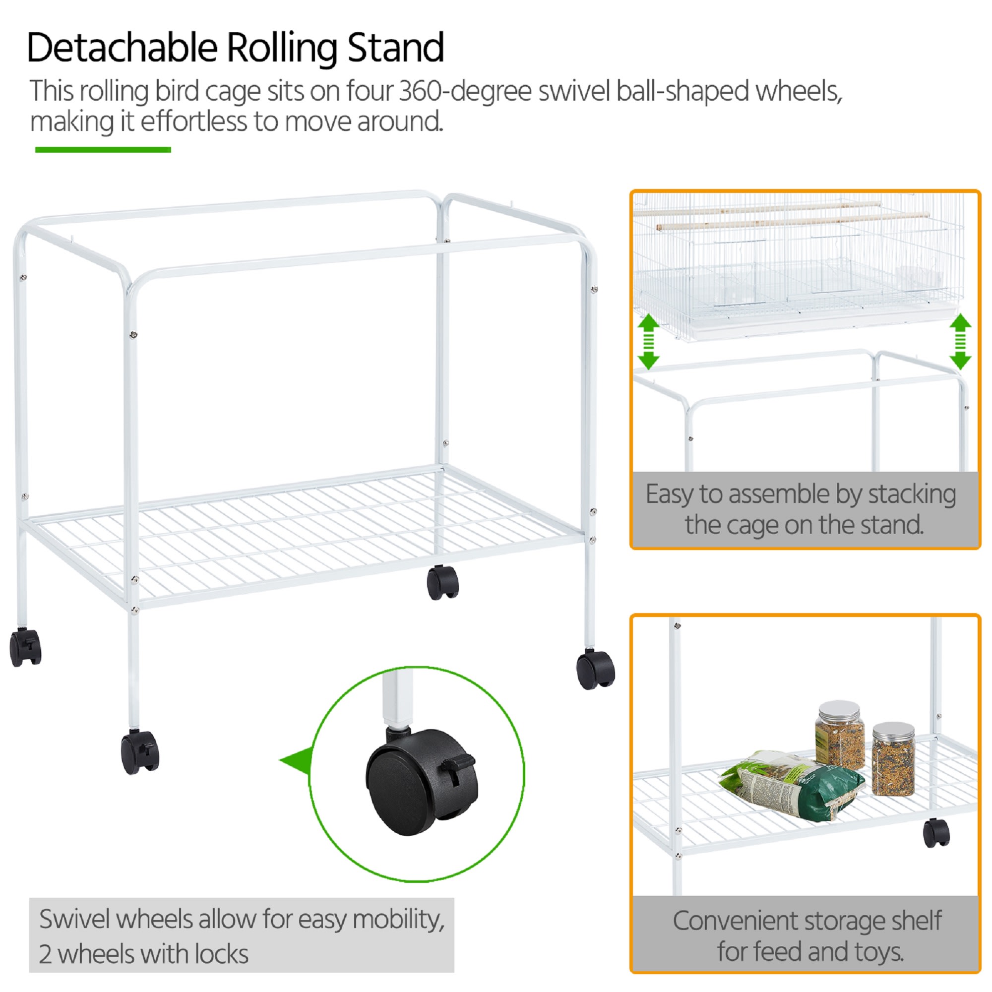 Topeakmart White 47" Flight Cage with Slide-Out Tray and Rolling Detachable Stand for Birds