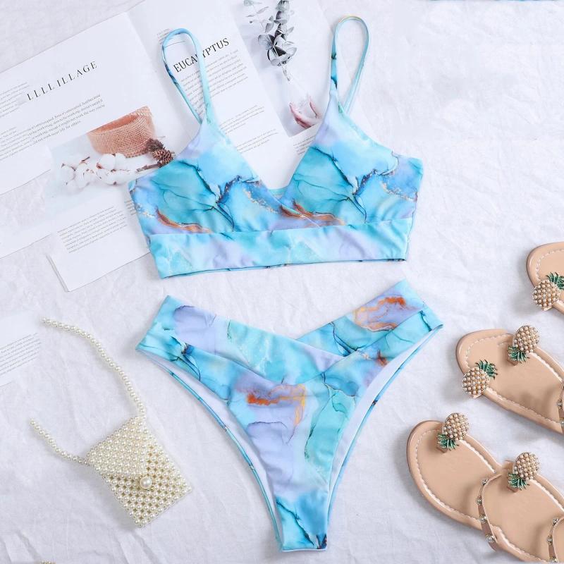 Womens Swimwear 2024 Tie Dye Print Push Up Bikinis Women Sexy Marble Swimsuit Midi Waist Woman Bathing Suit Summer Sport Beach Wear