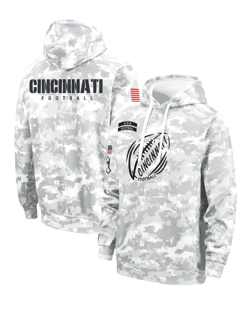Camouflage Football Hooded Sweatshirt - 100% Polyester, Casual Style, Hooded Collar, Slight Stretch Fabric, Alphabet Pattern, Long Regular Sleeve, Fal