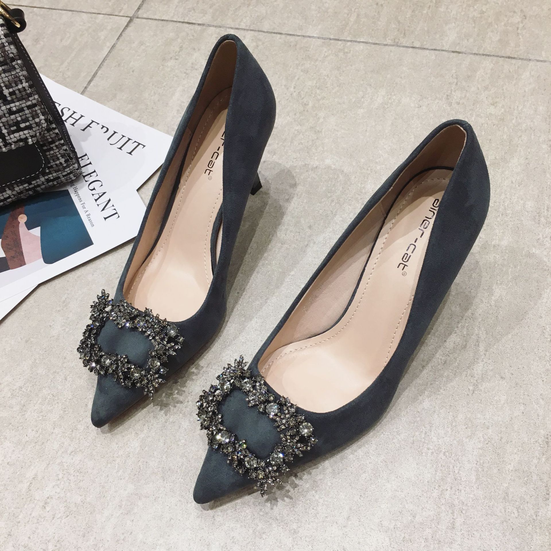 2023 buckle women suede leather pumps 6/8cm thin high heels wedding/party shoes escarpins femme EU35-39