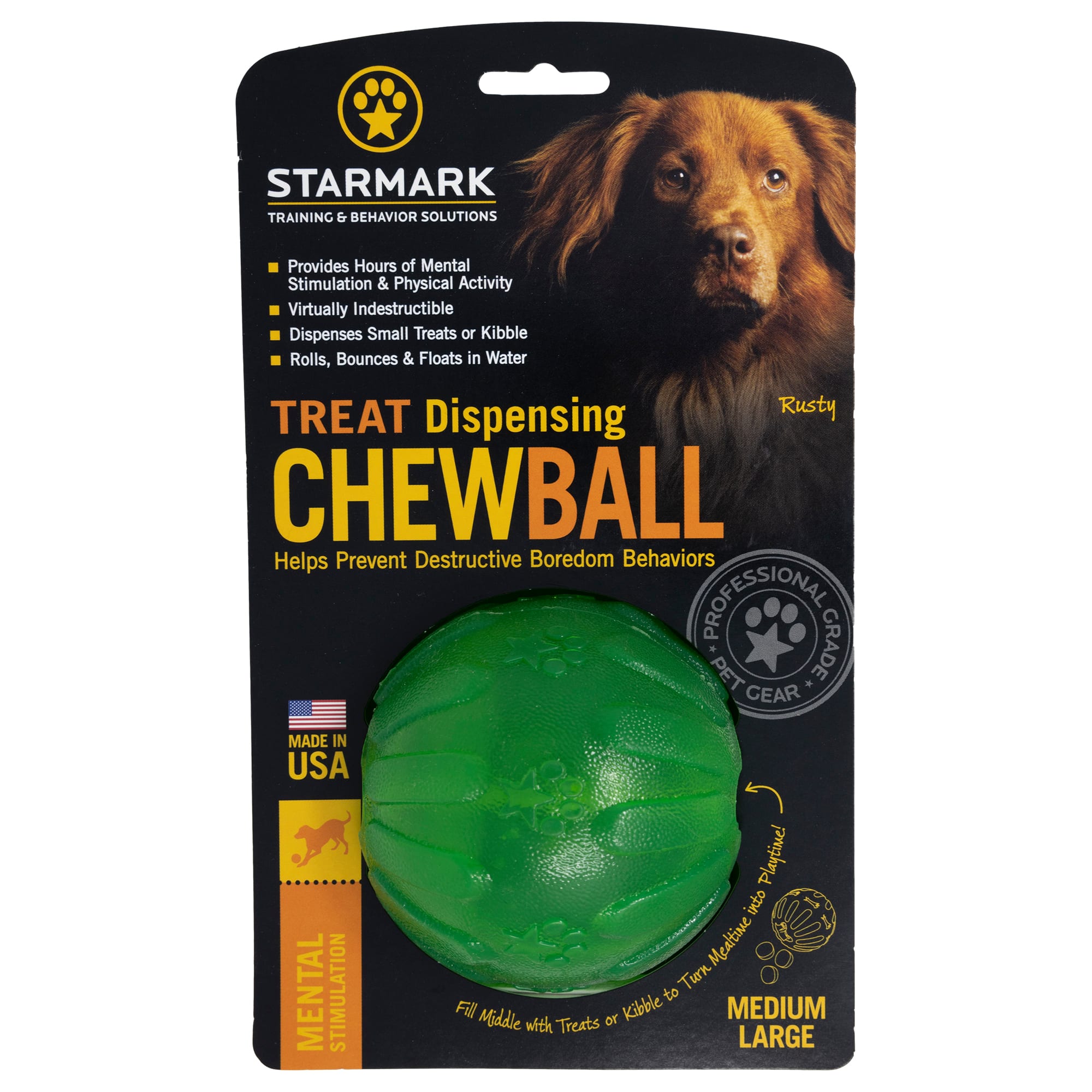 Starmark Treat Dispensing Chew Ball Dog Toy, Medium/Large 3.25"