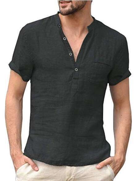 Summer New Cotton En Short Sleeved Men's T-Shirt Stand Up Collar Button Half Open Simple Shirt For Sports And Leisure B3