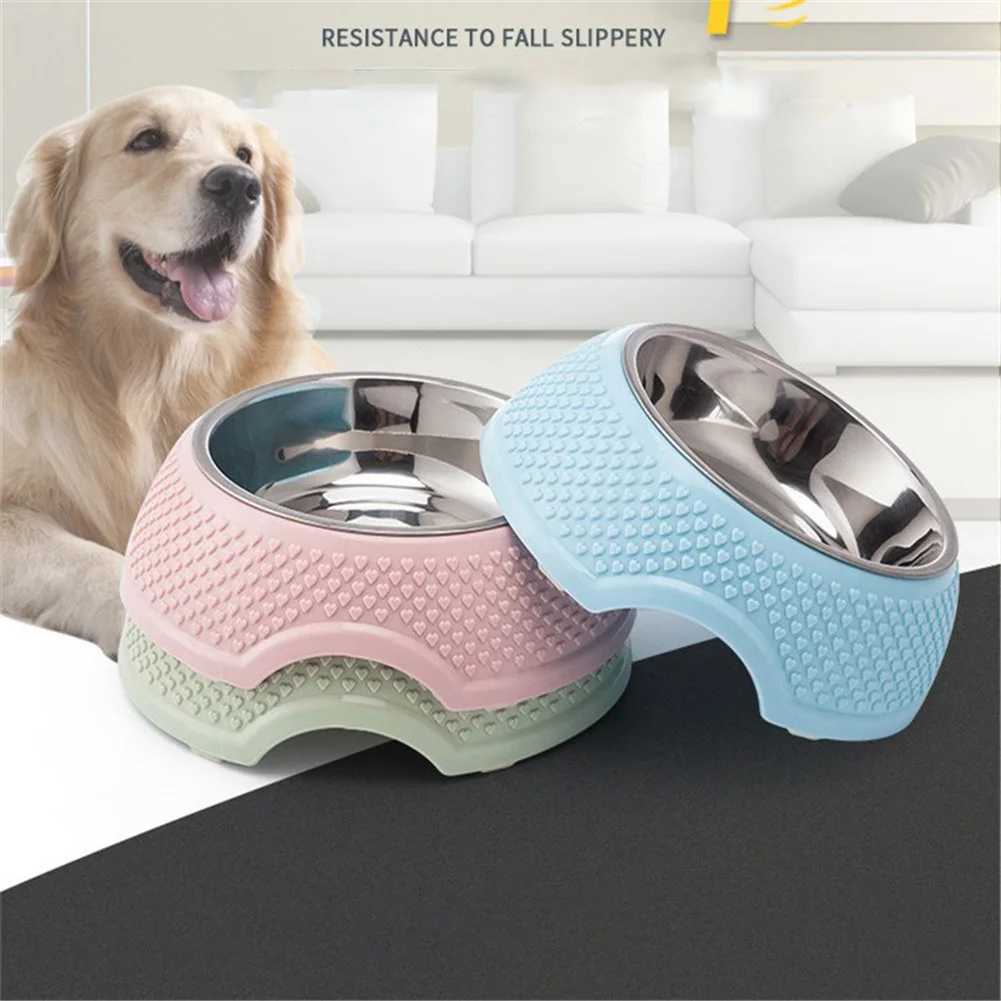 Dog Feeding Bowl Pet Tableware Drinking Dish Stainless Steel Sealed Dog Bowl Pink Green Blue Cat Bowls With Heart-Shaped PatternXJ241125