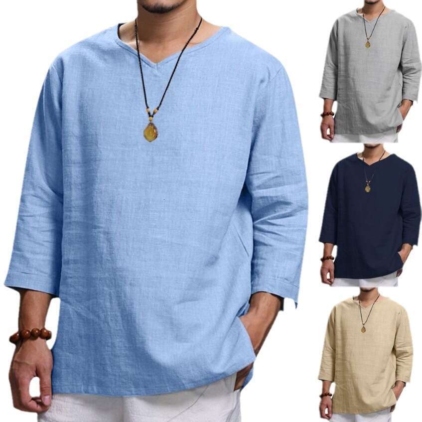 Autumn New Trade Men's Top Long Sleeved V-Neck Cotton En Loose Ing