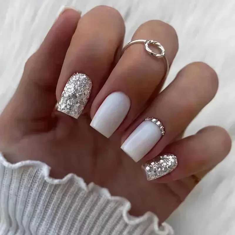24pcs Simple Gradient Fake Nail French Sparkle Ballet with rhinestones wearable fake nails full set of nail tip pressing artW241125