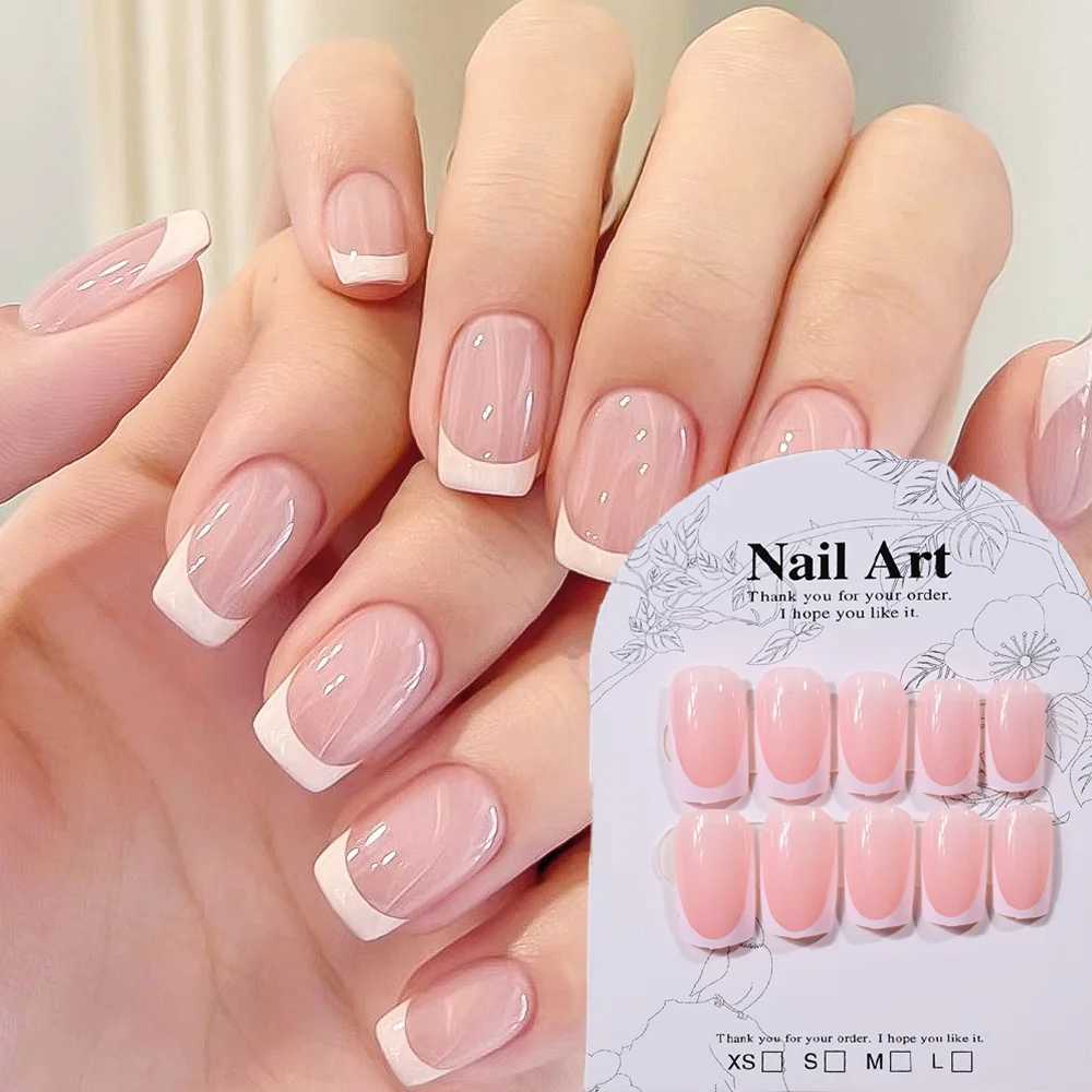 24 pieces of nude pink French short square French nails white pointed ice transparent pressed nails fully covered elegantly wearing fake nailsW241125
