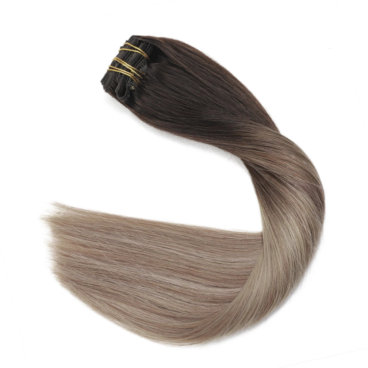 XDhair clip on hair extensions 100g 6 pieces 16 inch Balayage dark brown to chestnut brown and dirty blonde clip on hair 241125