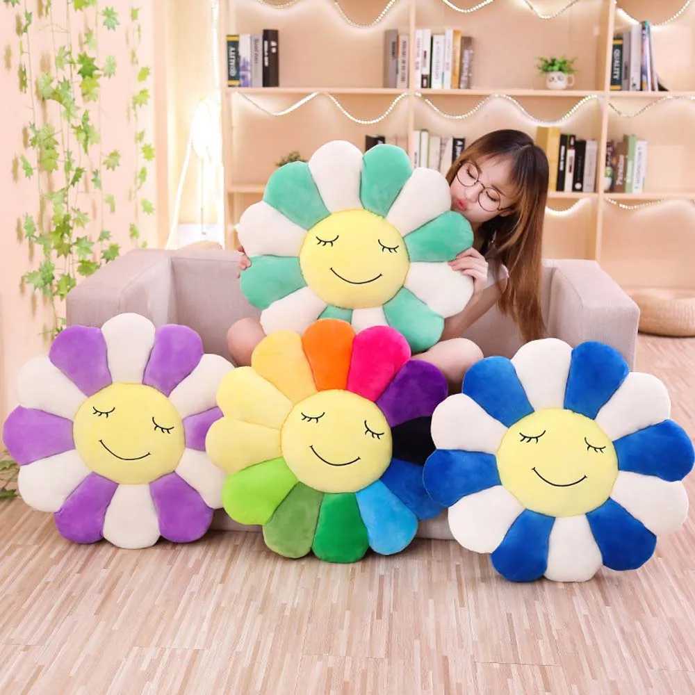 Cushion/Decorative Pillow 55cm Kawaii Face Sunflower Sun Flower Stuffed Plush Toy Doll Mat Hold Home Bedroom Automatic Decoration Girl Gift T241125