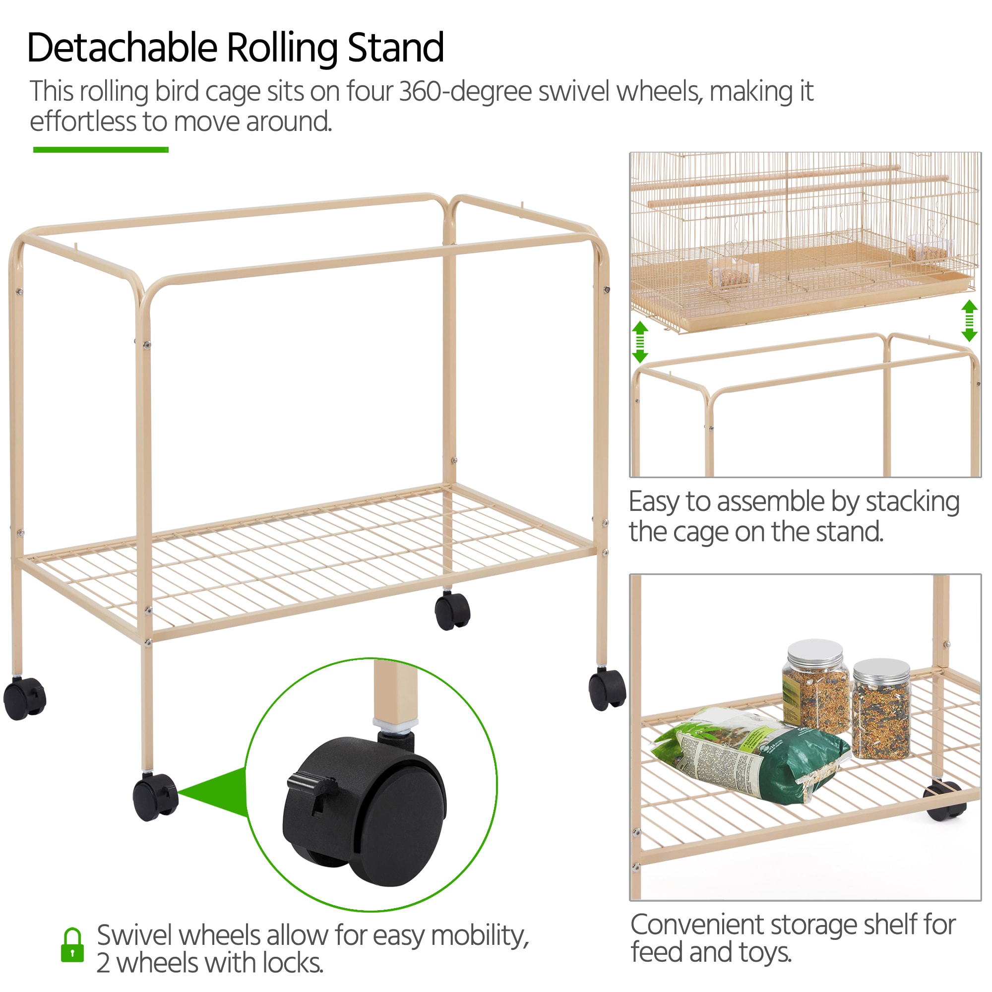 Topeakmart Almond 47" Flight Cage with Slide-Out Tray and Rolling Detachable Stand for Birds