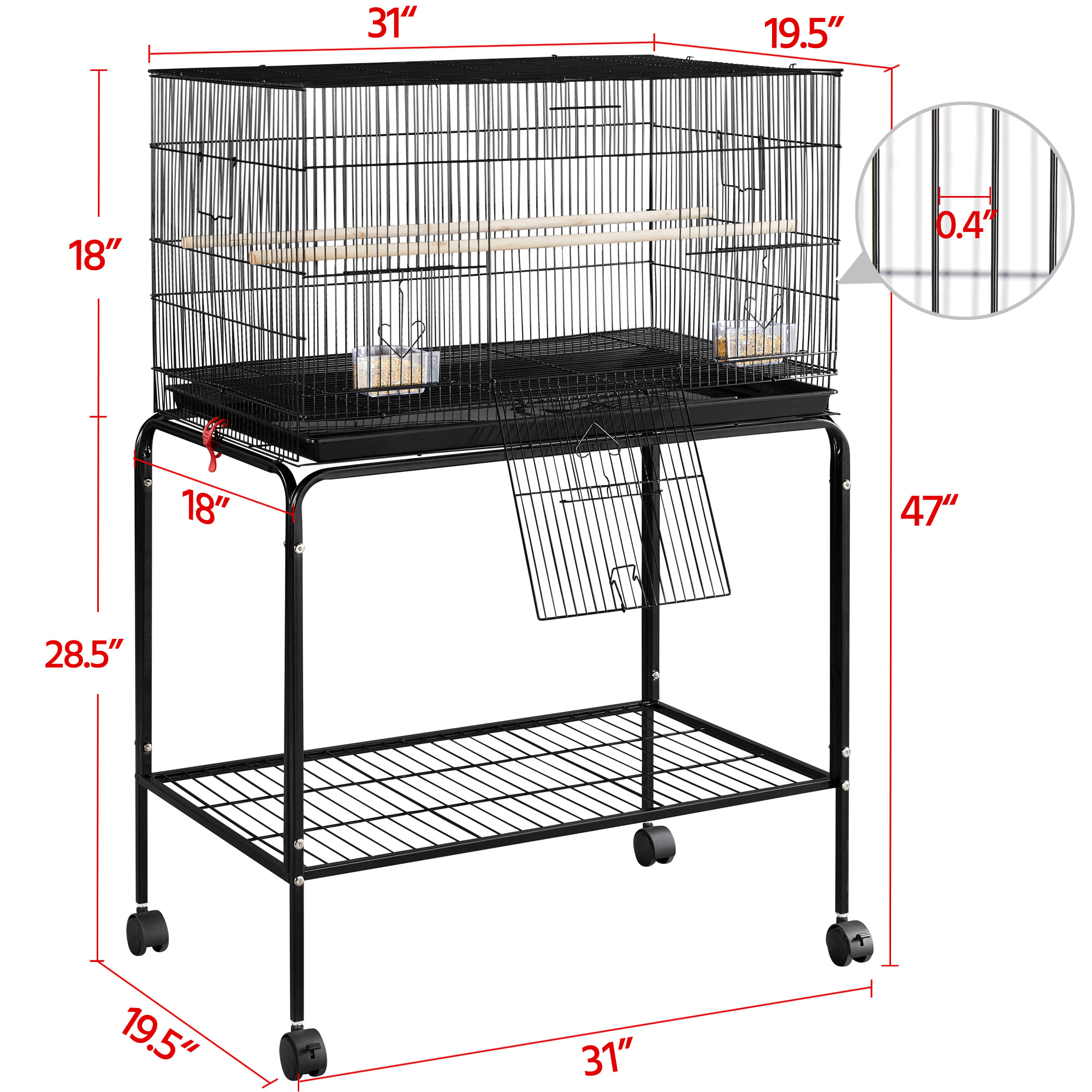 Topeakmart Black 47" Flight Cage with Slide-Out Tray and Rolling Detachable Stand for Birds