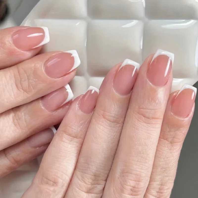 24 pieces of white edged French fake nails rectangular head fake nails wearable simple nail set full set of pressure on nail tipsW241125