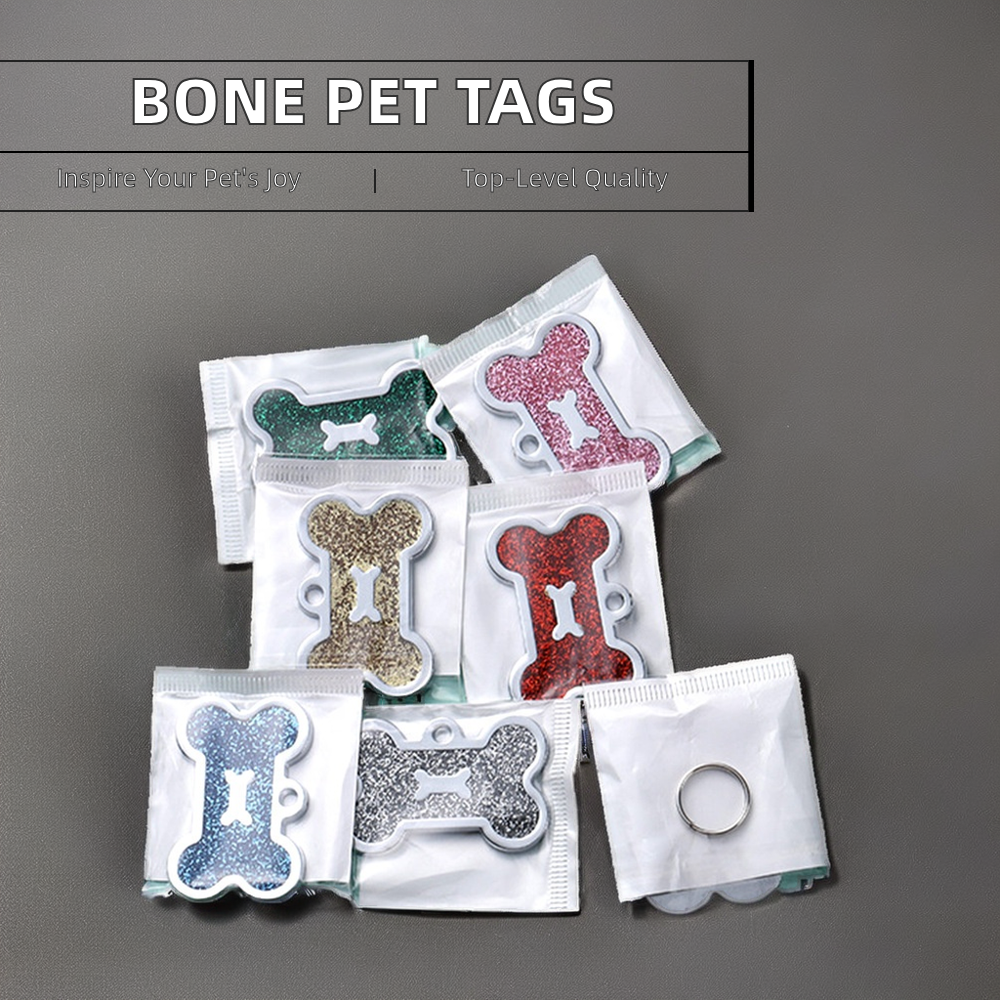 Luxury Multi-Color Glitter Bone Shape Zinc Alloy Pet Tag Loss Proof Lettering Solid Dog Brand Bone Tag Pet Collar Accessories