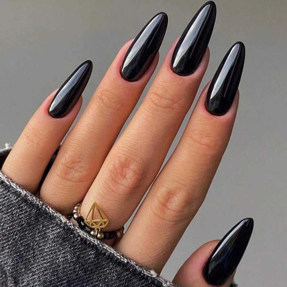 100pcs Black Almond Fake Nail Mid-length Solid Color Artificial Nail Removable Press On Nails Tip Almond Nail Art False NailW250120