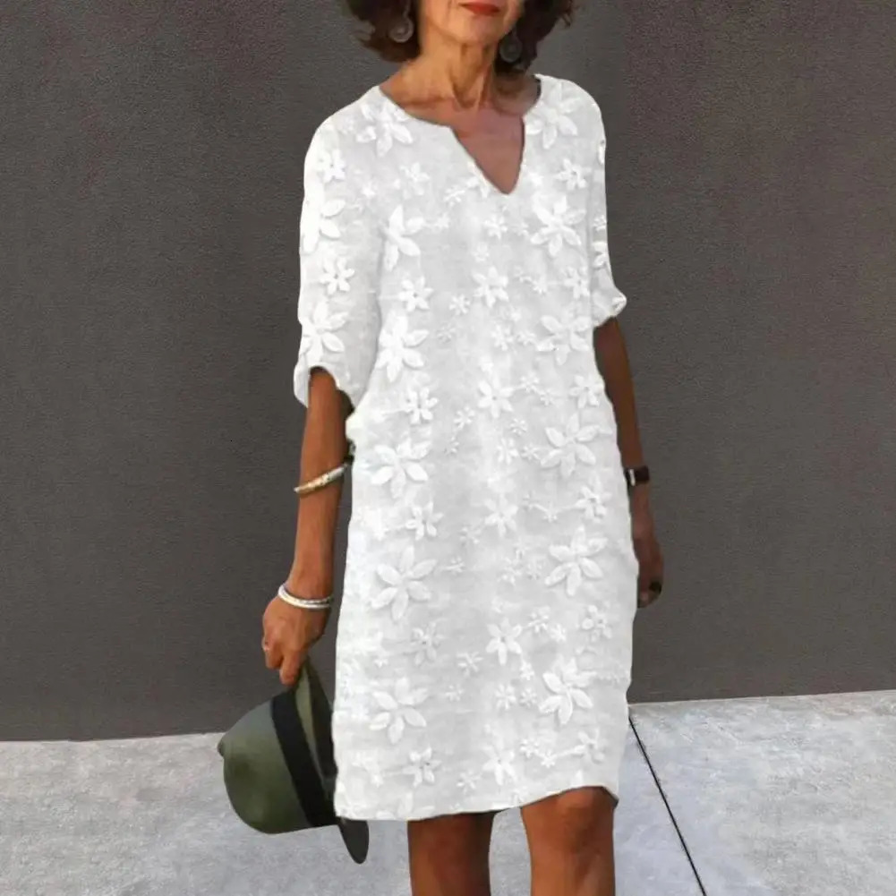 Female Beach Dress V Neck Half Sleeves Flower Embroidery Pullover Elegant Casual Wear White Color Women Summer Loose Midi 240422