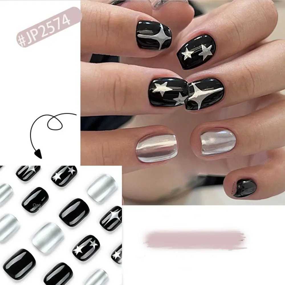 24 pieces of black short circular fake nails with Y2K silver star design French fake nails with full cover detachable nail tip press nailW241125