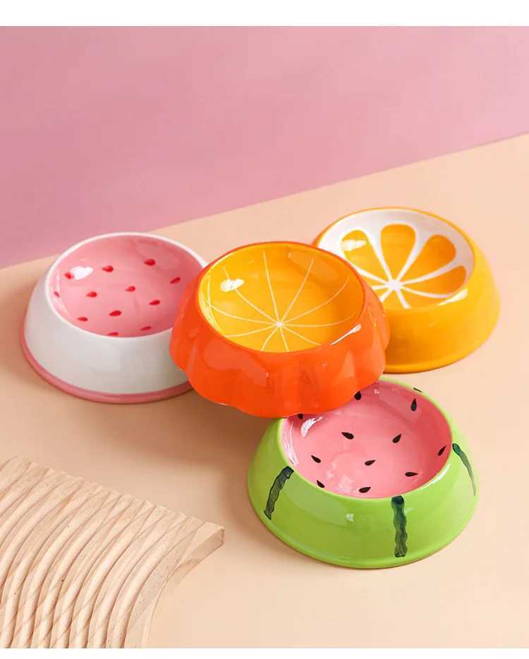Fruit Design Pet Cat Bowl Ceramic Cat Food and Water Feeder Anti Turnover Cat Feeder Basin Watermelon Strawberry Pumpkin OrangeXJ241125