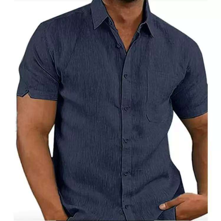 Summer Collar Solid Color Short Sleeved Button Men's En Ing Clothing B2