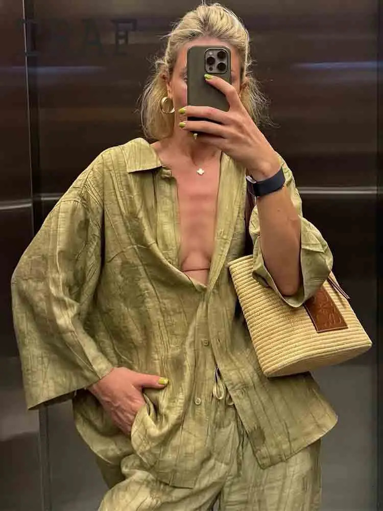 TRAF Jacquard Pants Sets For Women 2 Pieces Fashion Shirts Top Womens Suit Two Piece Set Outfit 240423
