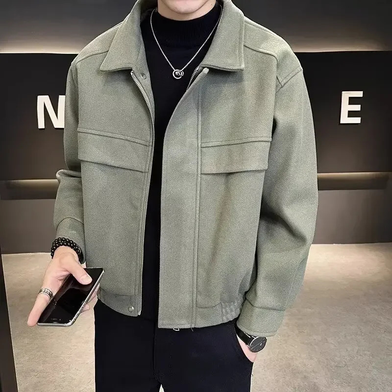 Mens Autumn Winter Highend Feeling Cropped Woolen Jacket Casual Style Loose Fit Sweater Coat 241112