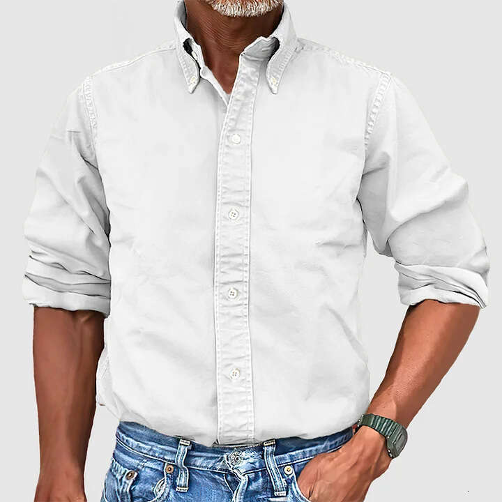 Four Seasons New Men's Business Daily Urban Versatile Collar Button Solid Color Shirt B3