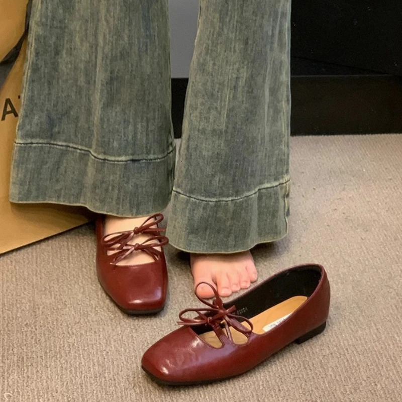Lovely Double Bowknot Women Mary Jane Shoes 2024 Spring Summer Square Toe Dress Flat Shoe Ladies Red Soft Sole Shoes Zapatos 241125